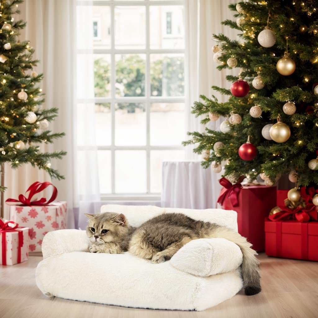 Dog Couch Washable Cat Couch for Indoor Calming Cat Couch Pet Sofa Bed Puppy Sleeping Bed with Pillow Fluffy Cat Bed for Small Cats and Dogs Beige - Image 2