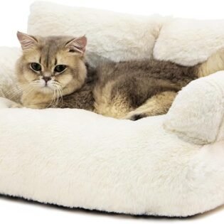 Dog Couch Washable Cat Couch for Indoor Calming Cat Couch Pet Sofa Bed Puppy Sleeping Bed with Pillow Fluffy Cat Bed for Small Cats and Dogs Beige