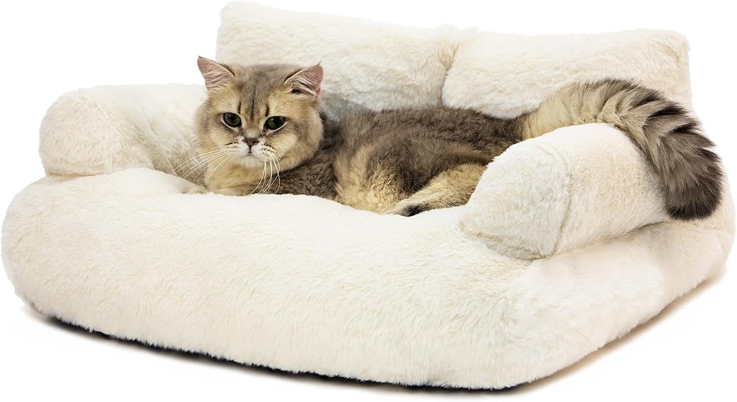 Dog Couch Washable Cat Couch for Indoor Calming Cat Couch Pet Sofa Bed Puppy Sleeping Bed with Pillow Fluffy Cat Bed for Small Cats and Dogs Beige