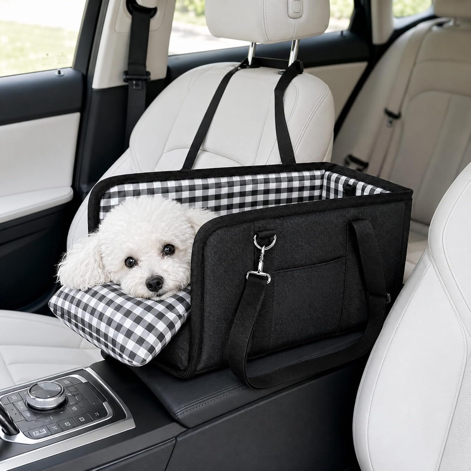 Portable Dog Car Armrest Booster Seat Anti Collapse Pet Console Car Seat with Soft Cushion and Safety Belt for Small Dogs