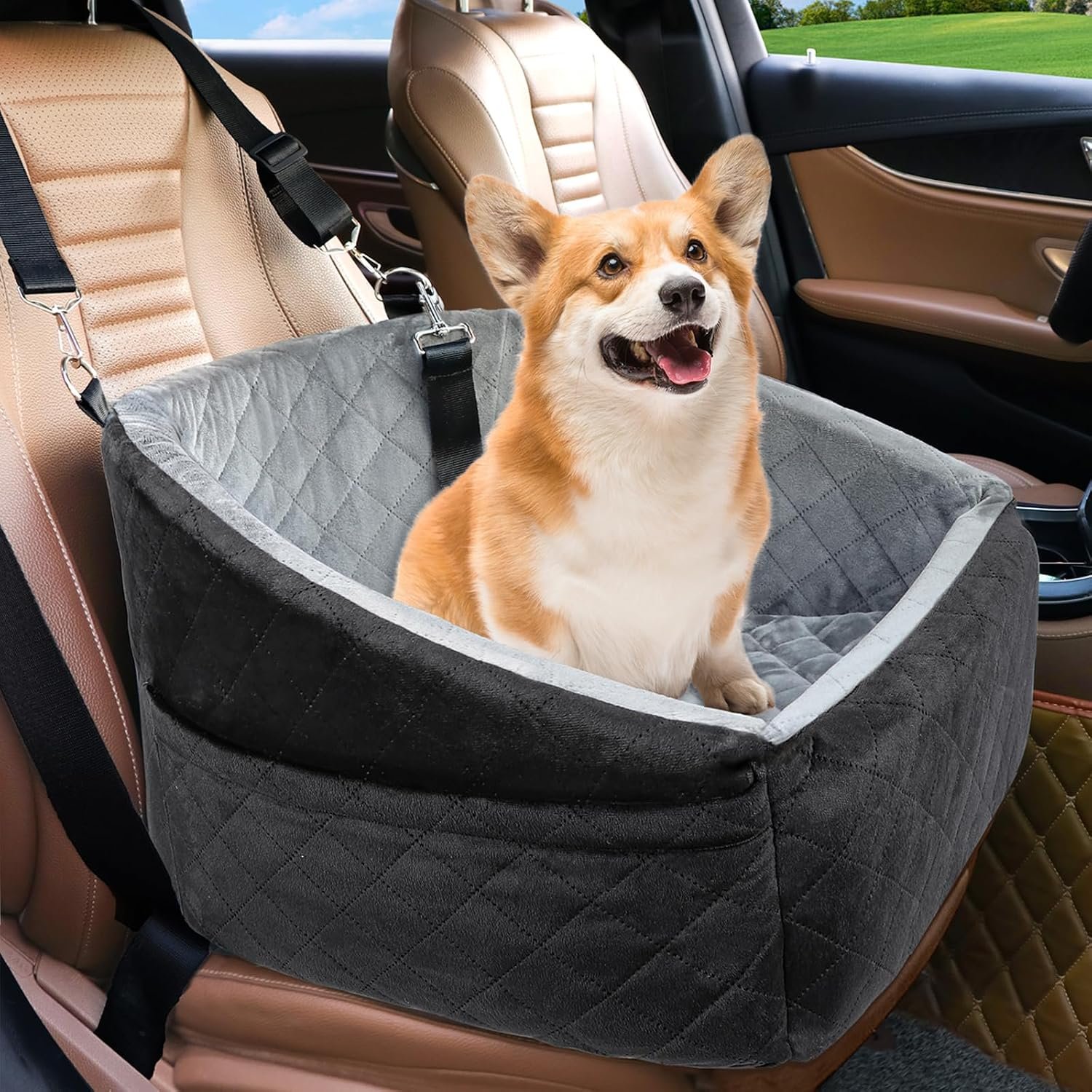 Dog Car Seat for Small Dogs Detachable Washable Booster Seat Pet Car Travel Bed with Storage Pockets and Safety Belt