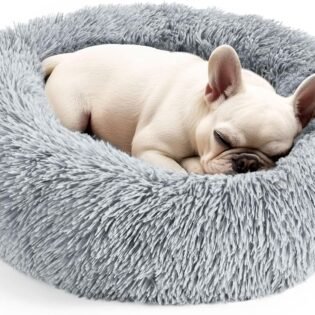 Dog and Cat Bed Indoor Cats Calming Donut Bed Washable Round Fluffy Pet Bed for Small Medium Dogs and Cats Light Grey